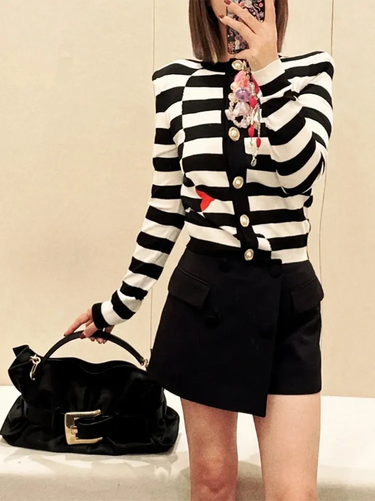 

Ele Pearl Button round Ne Knitted Cardigan Slim Fit Striped Top High End Version Parisian Luxury Age Defng