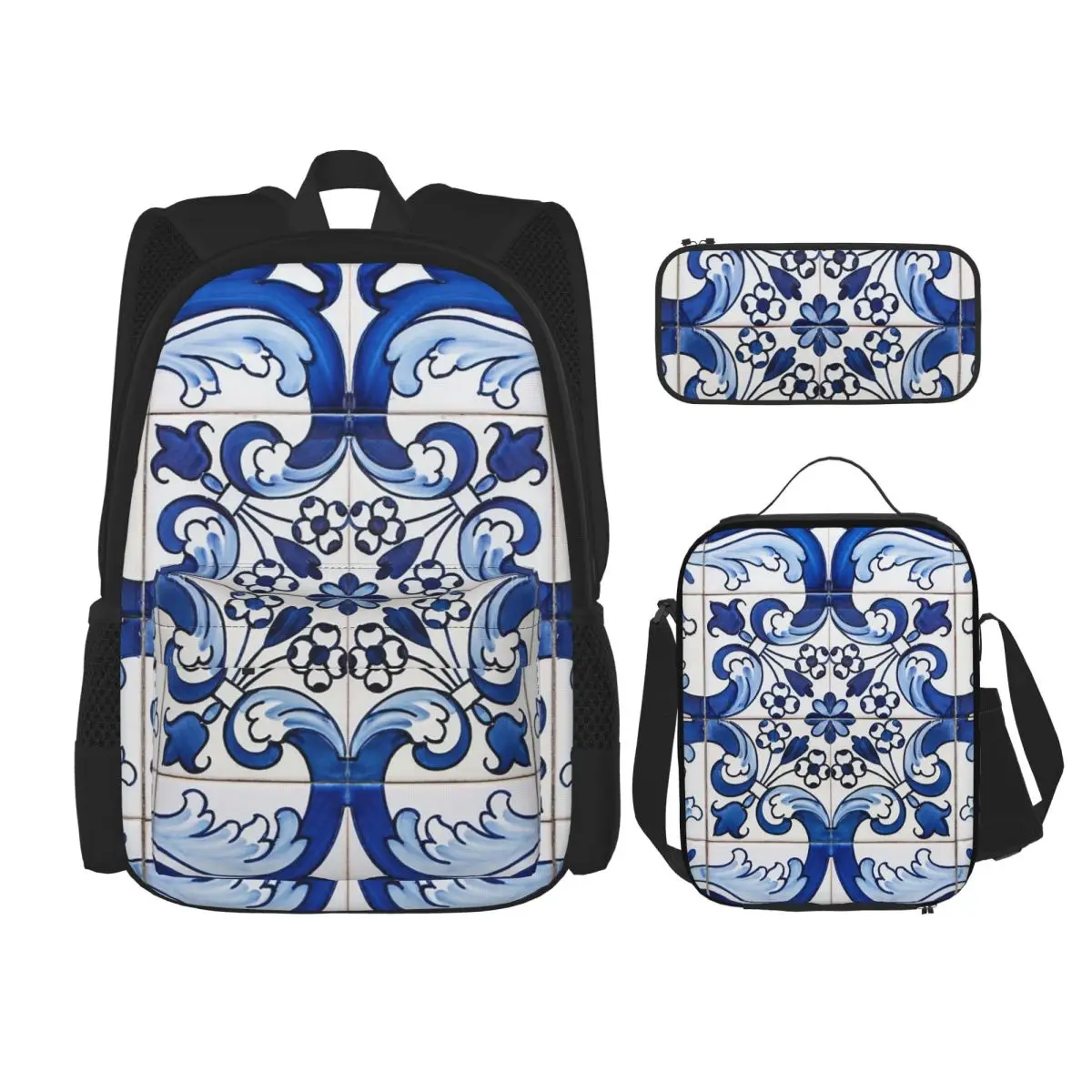 

Tile Floral Pattern Backpacks Boys Girls Bookbag Students School Bags Kids Rucksack Lunch Bag Pen Bag Three-Piece Set