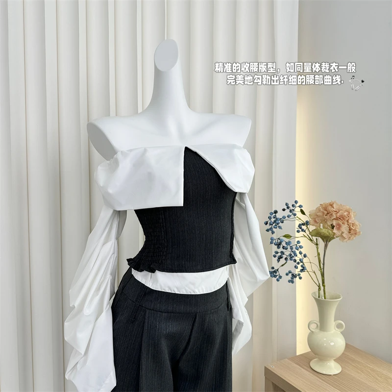 レディースオフショルダートップス2025パッチワークシャツカジュアルルーズショートブラウス長袖ブラウスオーバーサイズSL148 パーティーブラウス