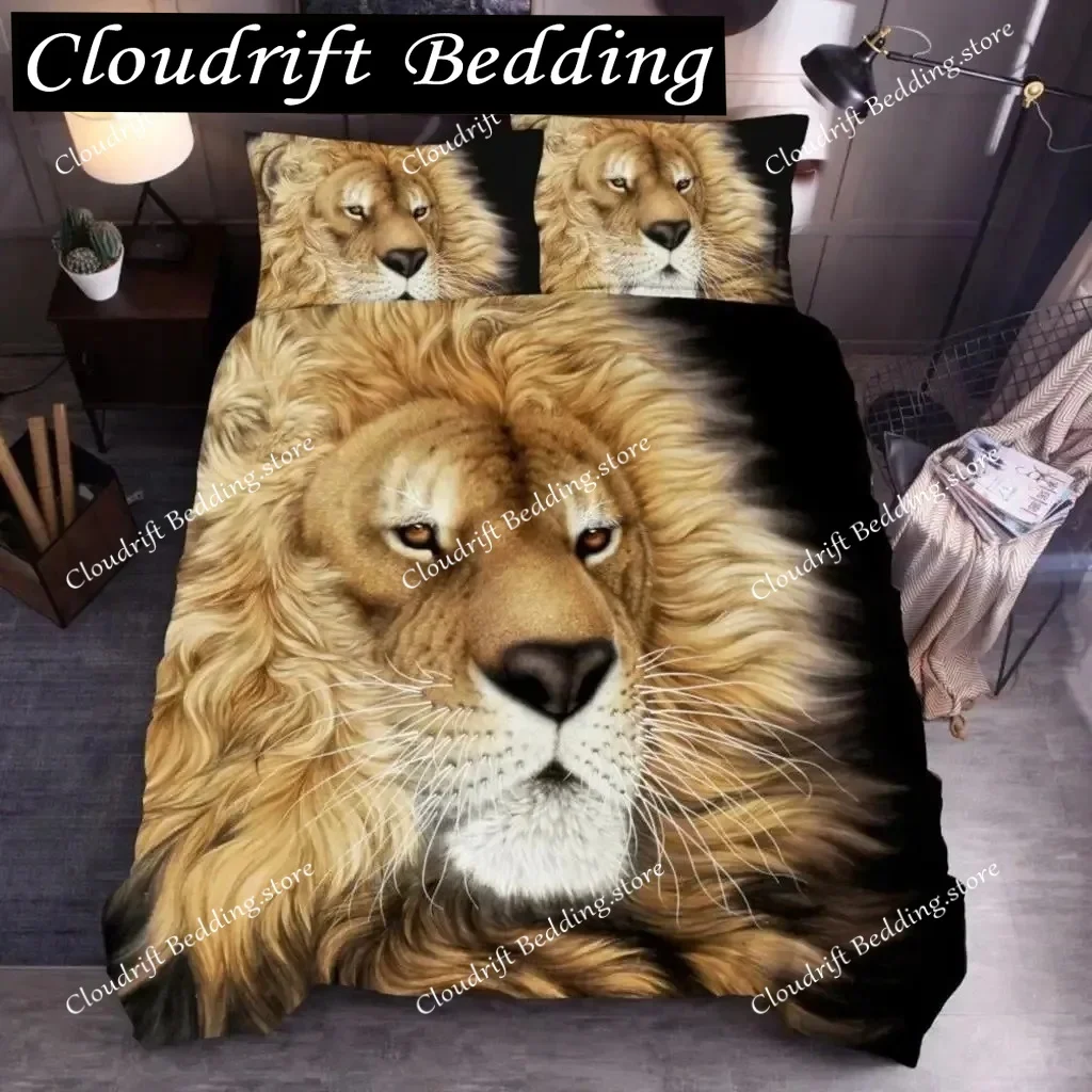 Animal Duvet Cover Set Queen Size Polyester Lightning Lion Pattern Comforter Cover Grey Black Soft Bedding Set for Teen Boys Man