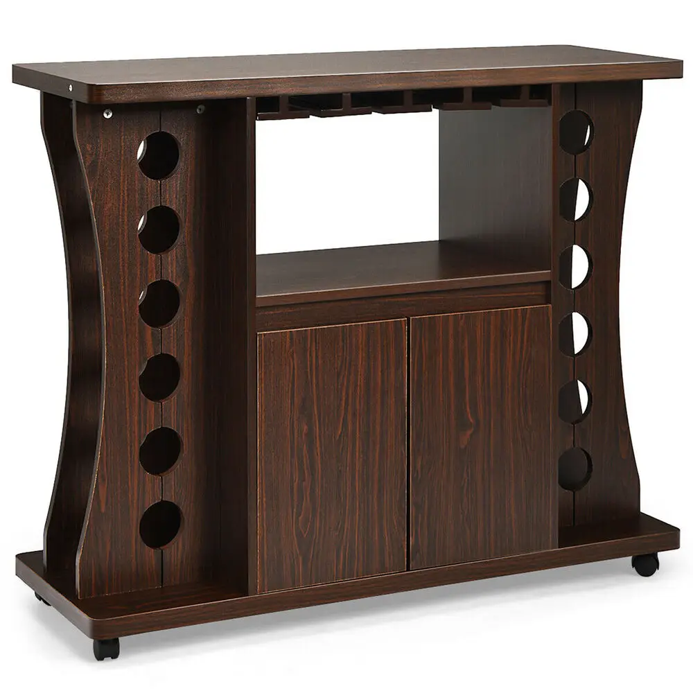 Rollend buffetdressoir Houten baropbergkast met wijnrek en glazen houder