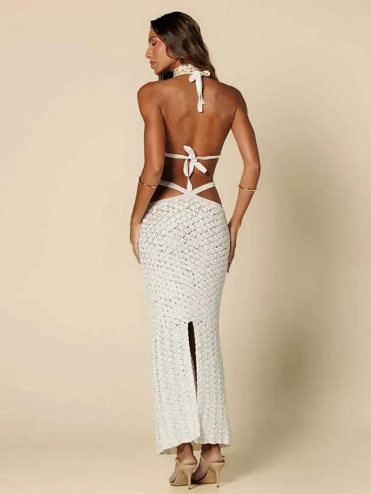 Sexy Knit Top Crossover Tie-up Long Skirt Two-piece 2025 Women Summer Beachwear Swimsuit Cover Up White Cut Out Set K113