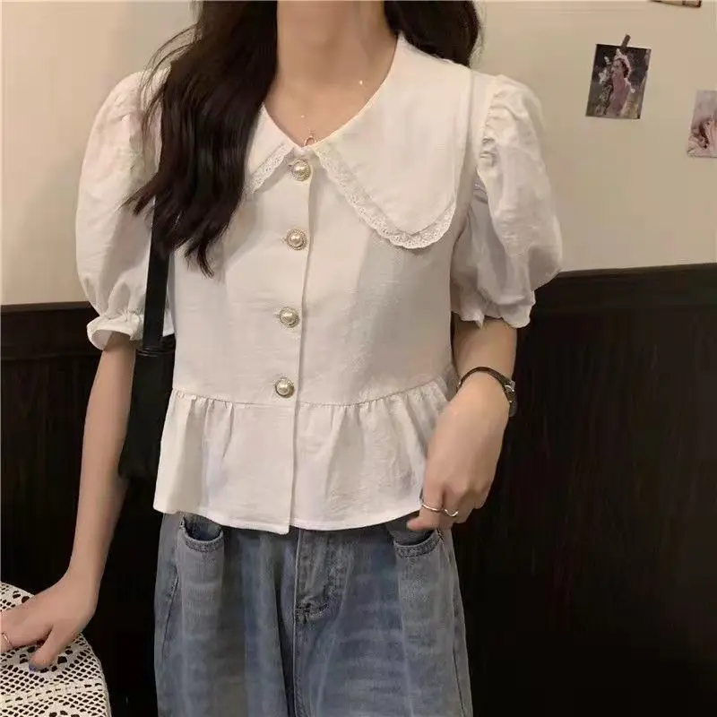 Summer New Short Solid Button Pleated Blouse Short Sleeve White All-match Youth Sweet Shirt Tops Fashion Korean Women Clothing