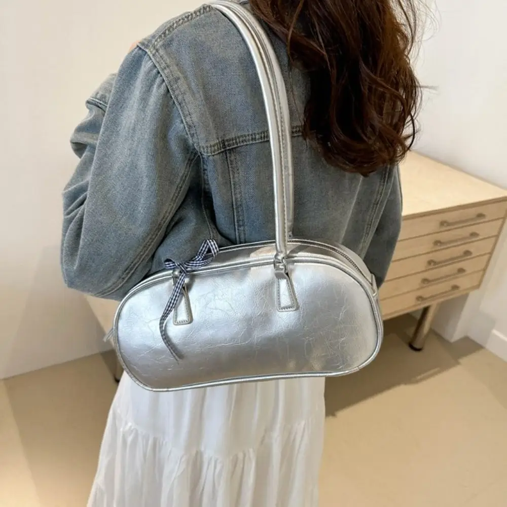 

Korean Style Ribbons Bowling Bag Large Capacity PU Leather Balletcore Bow Bowler Bag Underarm Bag Vintage