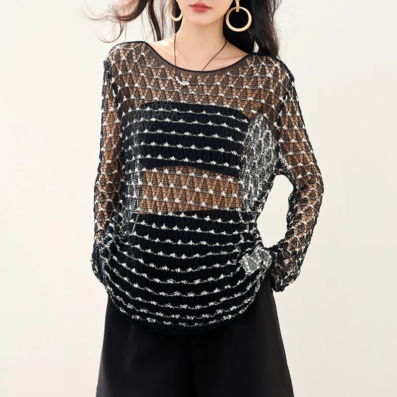 

See-through Tops Shirts Women 2025 New Summer O-Neck Long Sleeve Crocheted Cut-out Knitted Tops Blouse Female Sweater Knitwear
