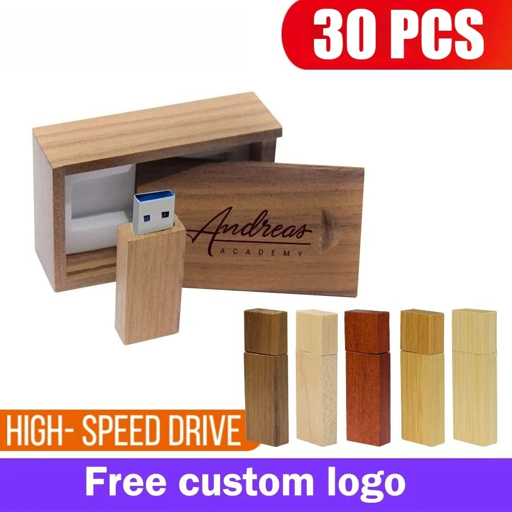 

30Pcs/lot Free Custom LOGO Wooden 2.0 usb flash drive 128gb 64gb 32gb pen drive with box 16gb 8gb 4gb Photography Wedding Gift