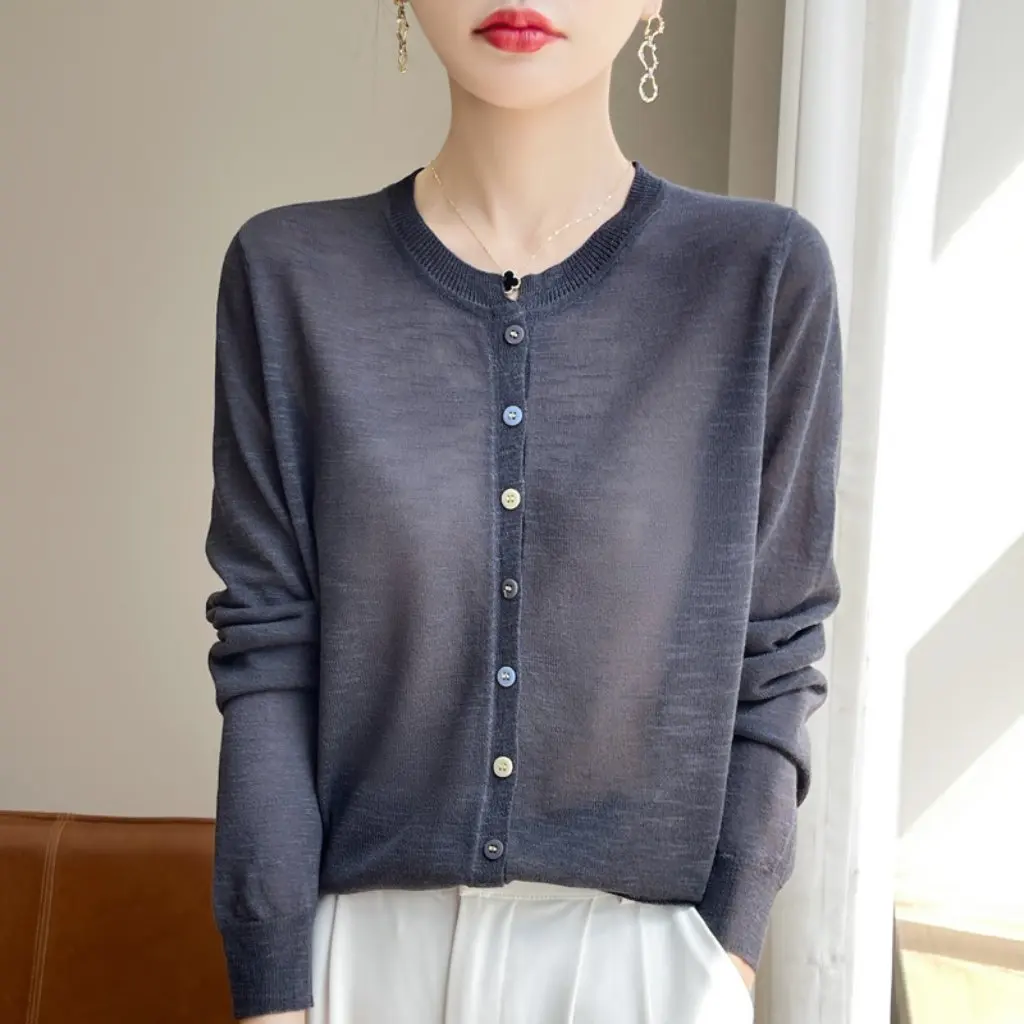 

Women's Summer Slub round Neck Knitted Cardigan Thin Loose Sunscreen Coat Long Sleeve Air Conditioning Shirt Outfit