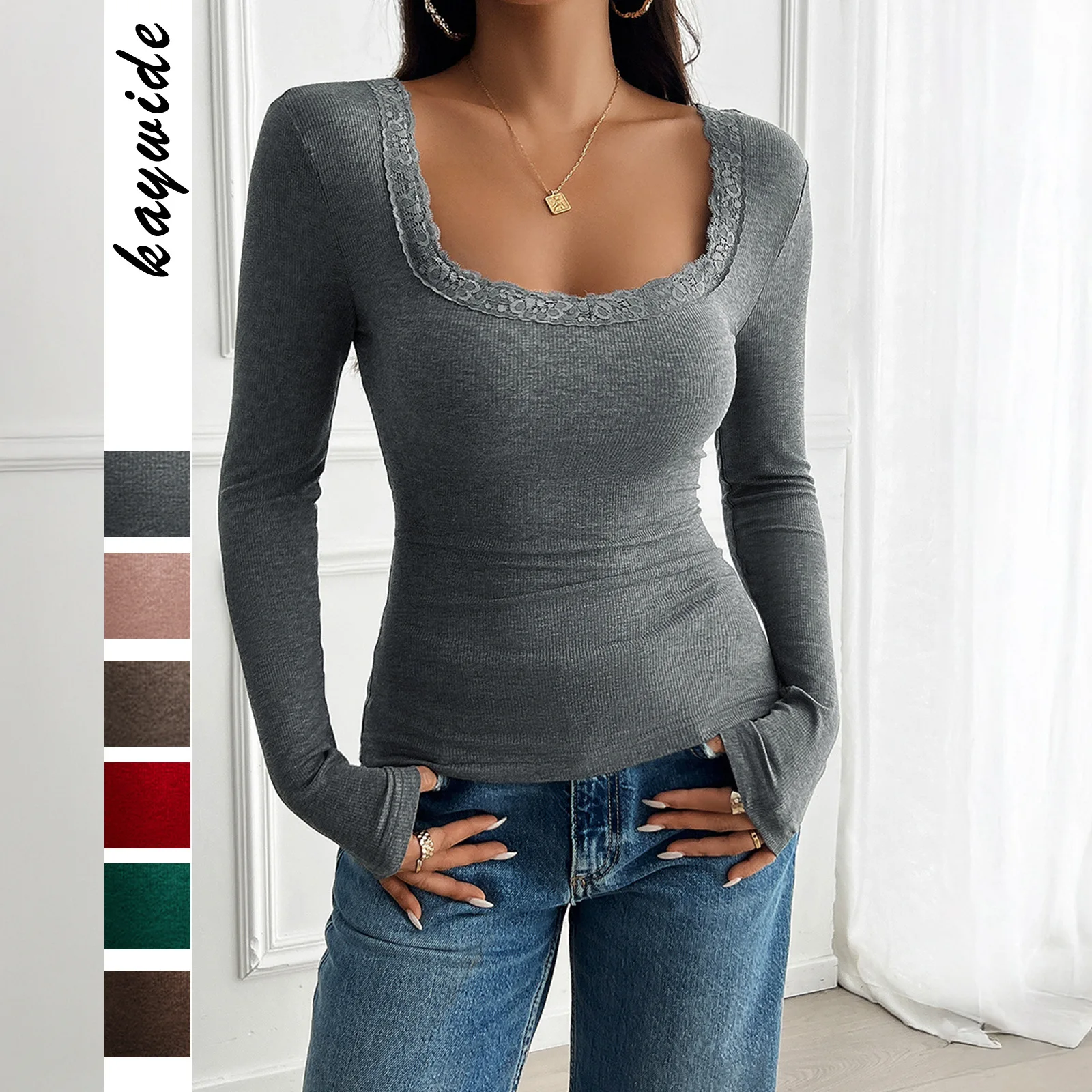 

2025 Autumn and Winter Tops Women's Clothing Y2K Temperament Slim-fitting Square Neck Long-sleeved Knitted Sweater