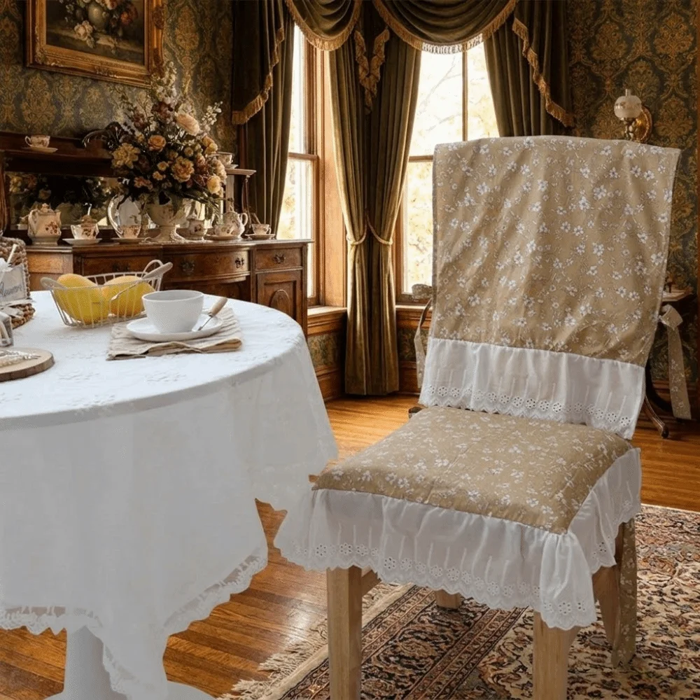 Vintage Dining Chair Backrest Cover Comfortable Soft Embroidered Lace Chair Cover Decorative Ruffle Design Backrest Scarf Cafe