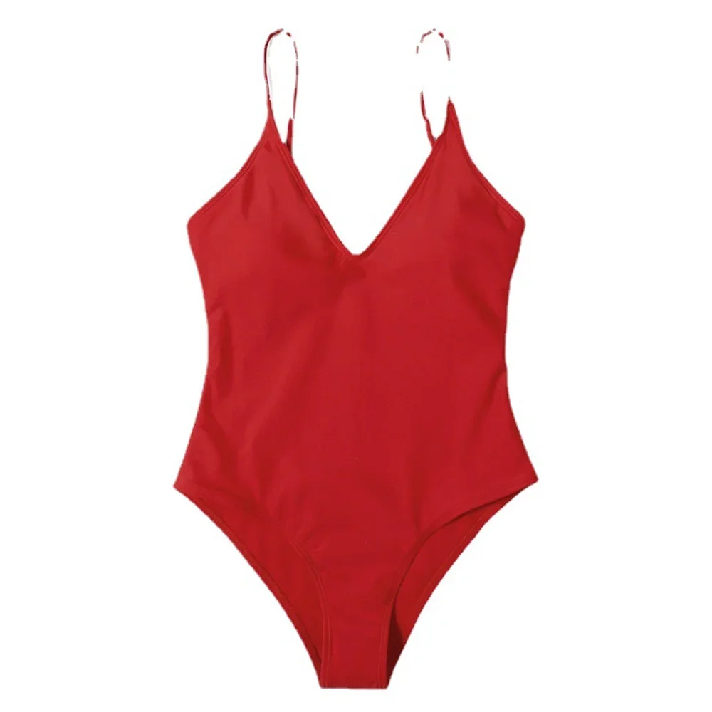 Vintage RED Bikini V-neck Sling Swimsuit Fashion Swimwear Women One-piece Monokini Bathing Suits Beach Vacation Outfits Biquinis