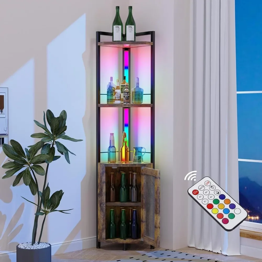 Armário de barras com luz RGB, armário de barras de prateleira de canto de madeira de ferro, prateleira alta para livros, decorar o armário de bar com porta, armário de barras
