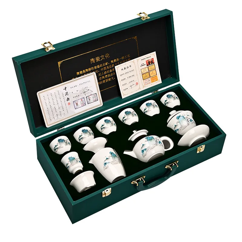 

PYH13 head high-grade suet jade tea set, a complete set of ceramic white porcelain gold-painted thread gift box