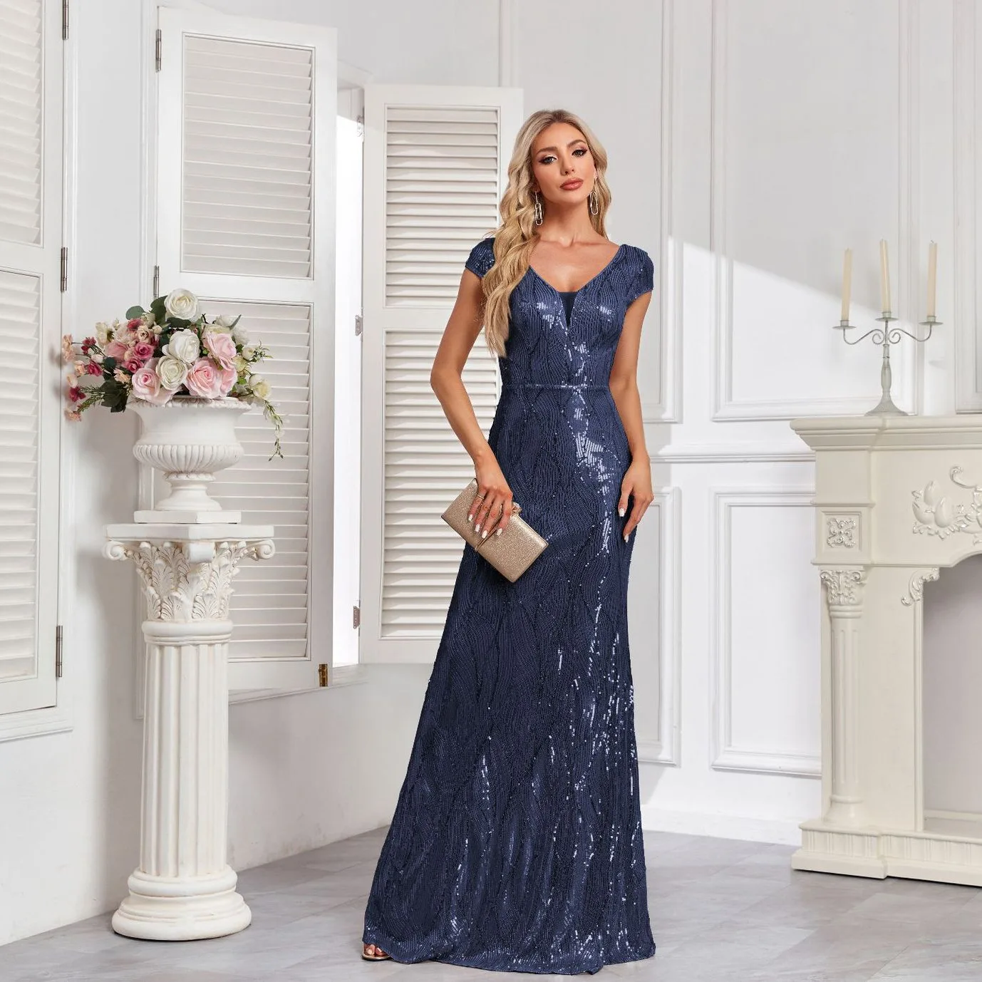 

Deep Blue Sequin Evening Dr Long Fi Tail Gown Sexy Personali Wedding Reception Dr Chiffon Material mid Waist Design