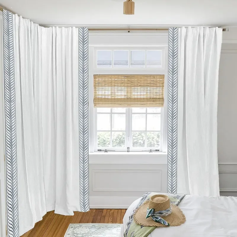 Blackout Curtains with Blue Embroidery Trim Linen Black Out Thermal Insulated Window Drapes with Hooks for Bedroom Farmhouse