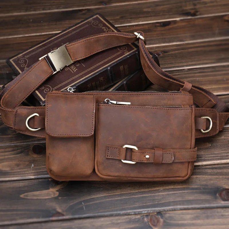Men's Genuine Crazy Horse Leather Waist Bag Vintage Casual Crossbody Chest Pack, Multi-Functional Cowhide Phone Holder
