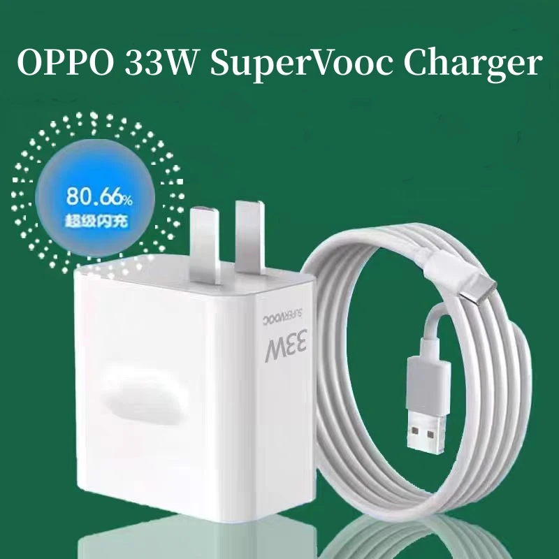 For OPPO 11V 3A 33W Max Supervooc Fast Power Wall Charging Adapter for Reno 3 5 7 8 4G 4Z 5G A53 A57 A93 A96 1M USB C Cable