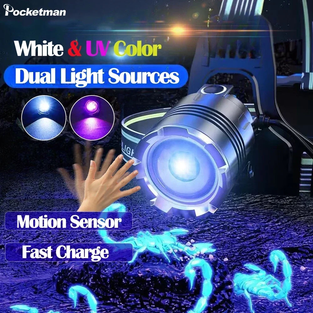 

Super Bright White+UV Light USB Rechargeable Headlamp Multifunctional Zoom Headlight Waterproof UV Head Lamp Head Flashlight