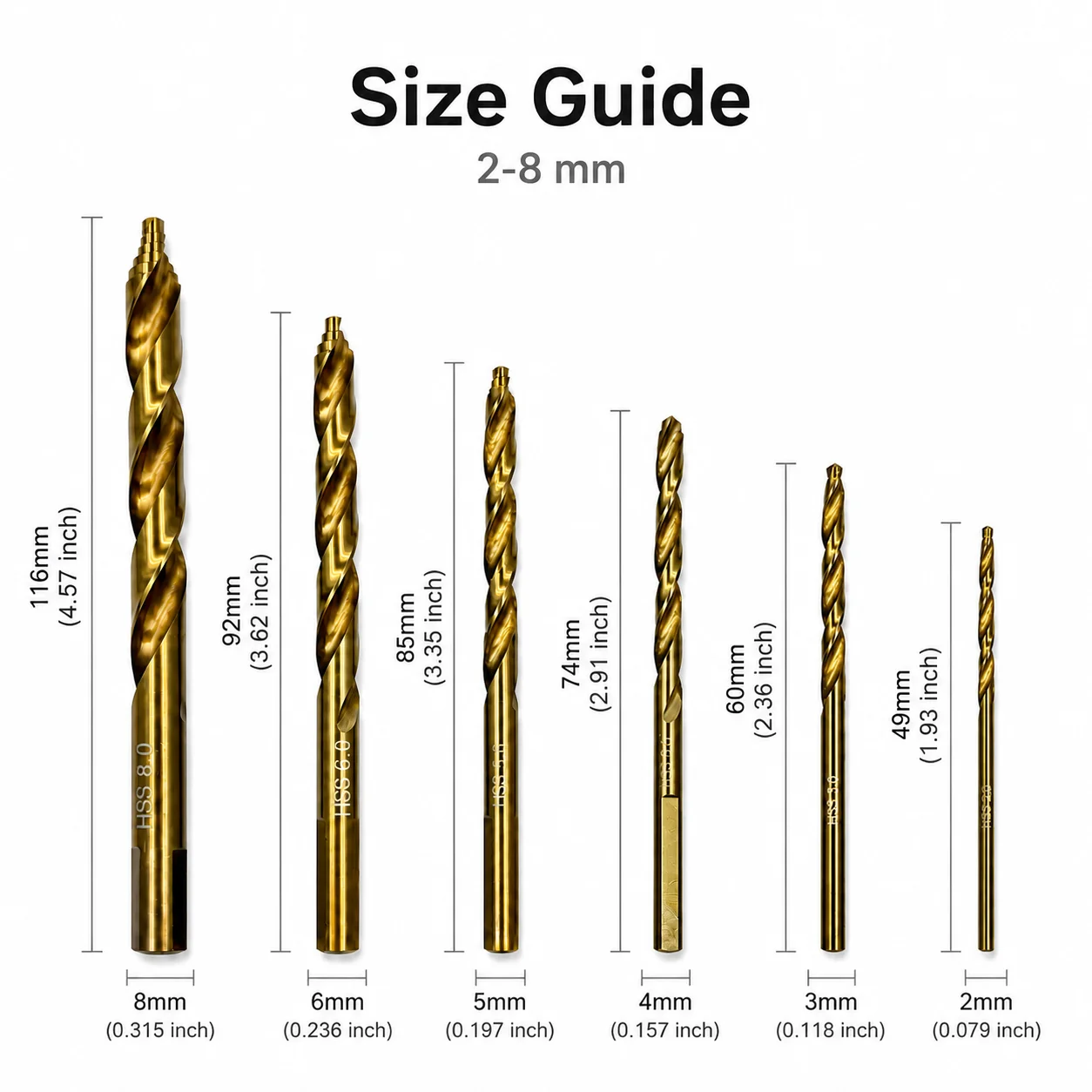 6Pcs HSS Titanium Coated Step Twist Drill Bit Set 2‑8mm Spiral Flute Hole Cutter for Metal Wood Plastic Drilling Tool