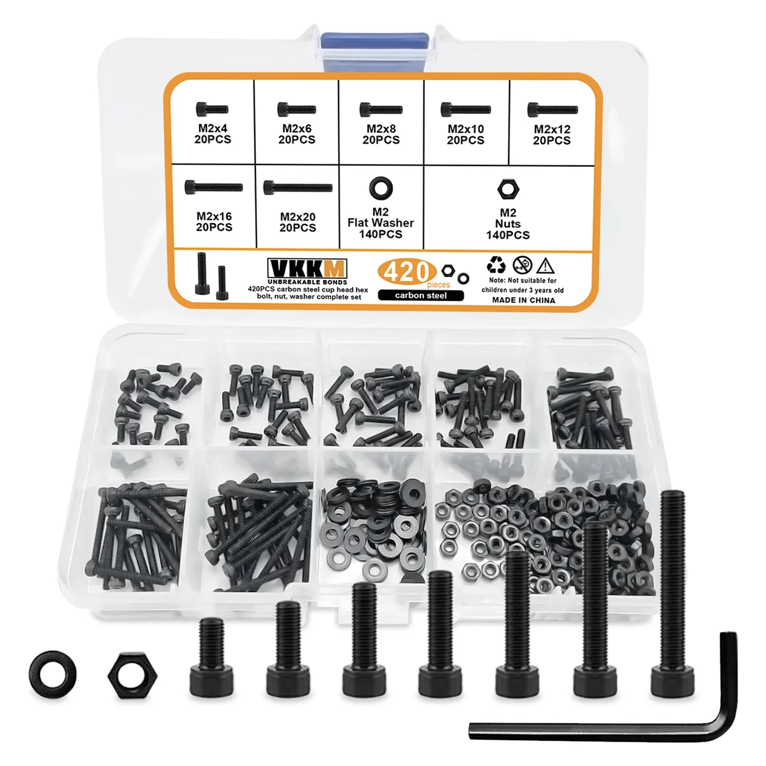 420Pcs Cup Head Hex Screw, M2x4/6/8/10/12/16/20mm Hex Screw Washer And Nut Combination kit With Allen Wrench For Service