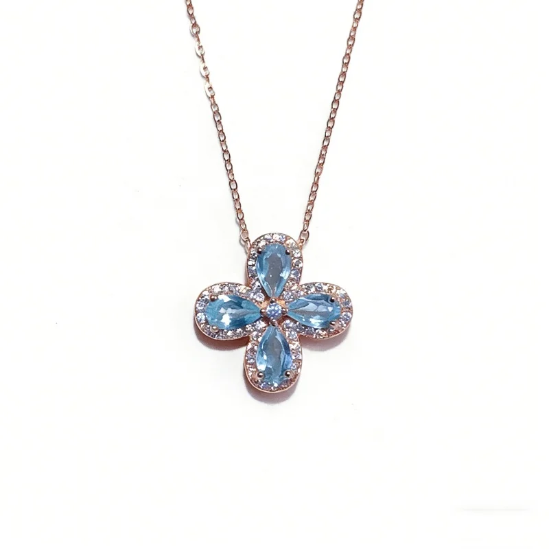 3x5mm Pear Cut Natural Aquamarine Double Halo Four Leaf Clover Pendant S925 Sterling Silver Rose Gold Plated CUG Certified
