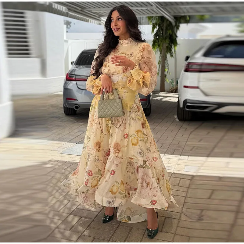 Elegant Floral Printed Women's Dress Stand Collar Full Puff Sleeve A-line Long Dresses 2026 Summer Vacation Party Lady Robes