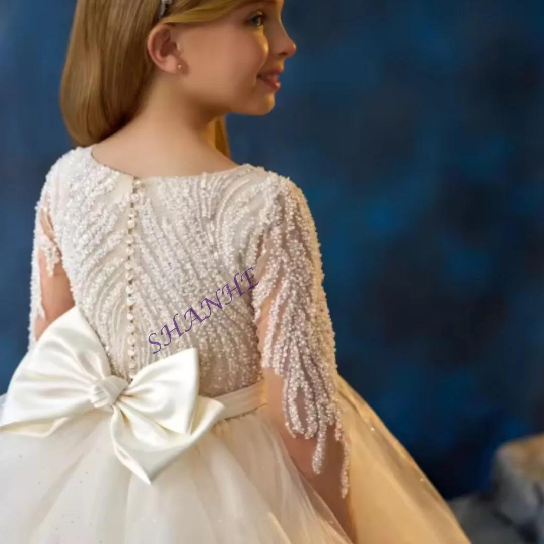 فساتين فتاة الزهور العاجية المخصصة لحفلات الزفاف بفيونكة مطرزة مخصصة بأكمام طويلة فساتين التواصل الأول للأطفال