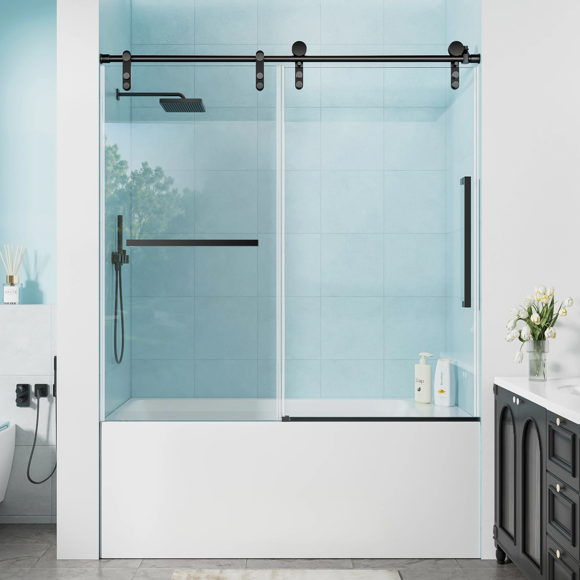 

60" W x 60" H Matte Black Frameless Single Sliding Shower Door, Bathtub Door, 5/16"(8mm) Tempered Glass, Explosion-proof Film