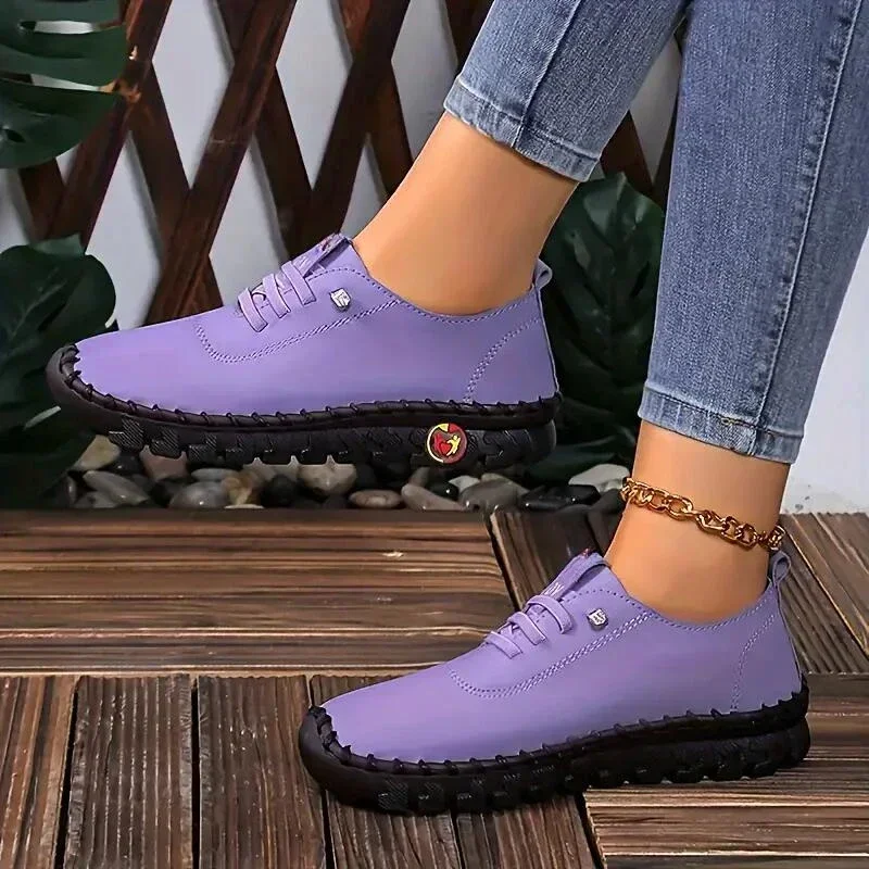 Women's Handmade Flat Sneakers - Comfortable Lace Up Round Toe Faux Leather Casual Walking Shoes flat shoes women