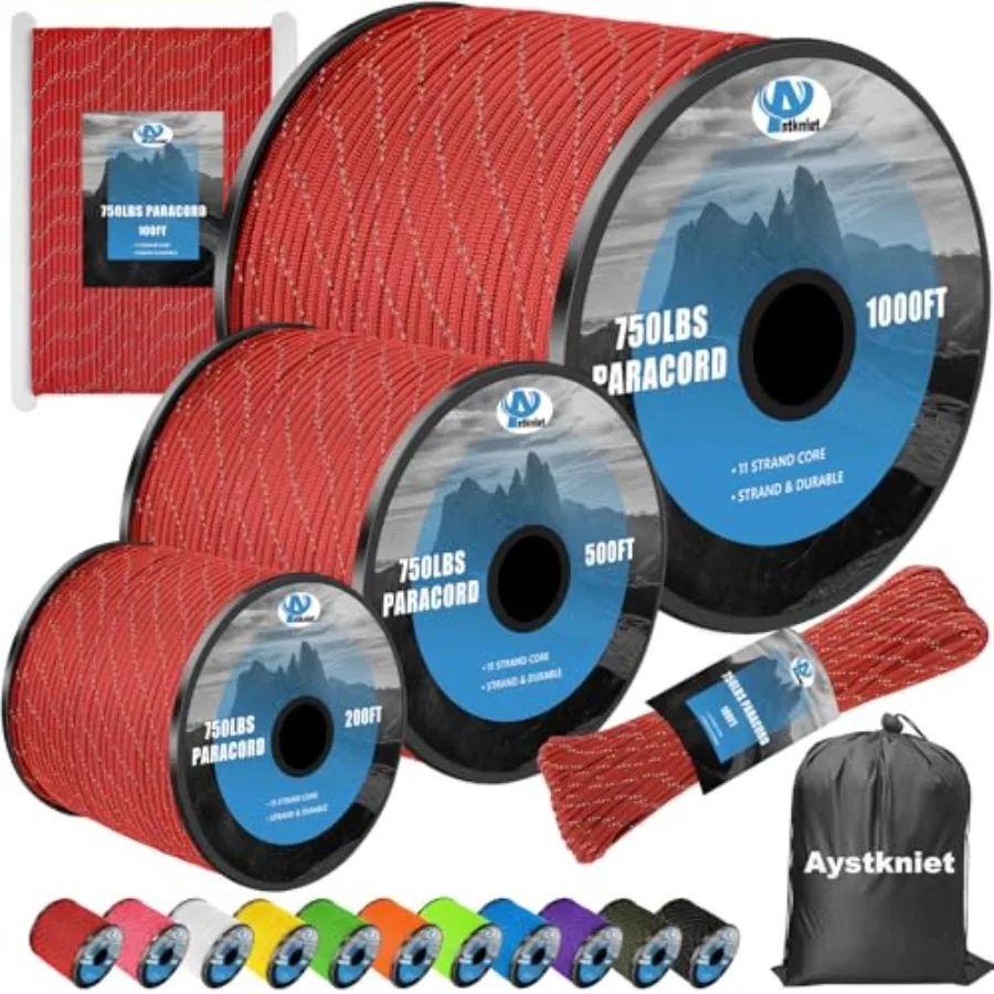 

750Ib Reflective Paracord Rope 100' 200' 500' 1000' 4mm 11 Strand Parachute Spool Cord with Collecting Bag Para Cord Lanyard fo