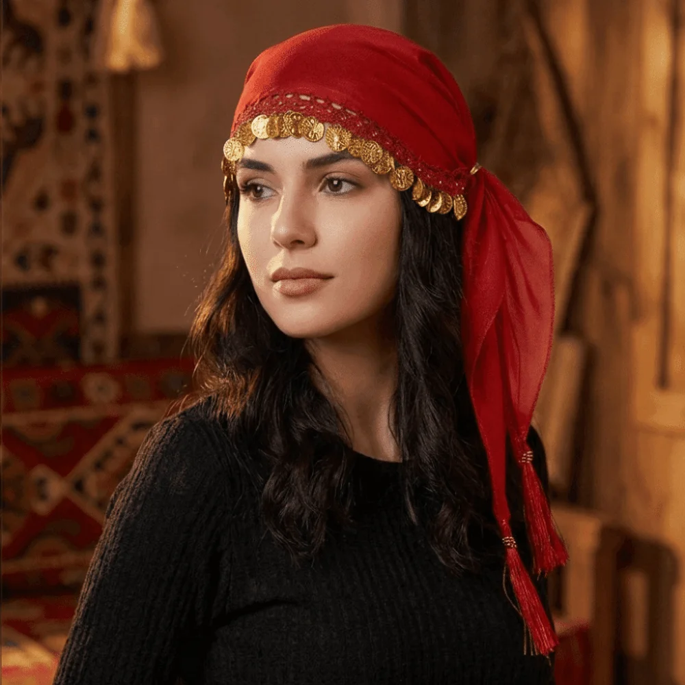 

Women Pretty Belly Dance Accessories Traditional Veil Coin Headscarf Crochet Ethnic Pattern Dance Costume Headwear Dance Show