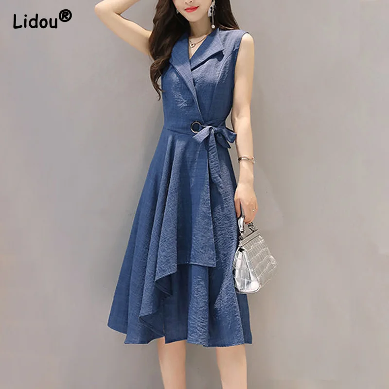 

Women Summer Solid Color Empire Belt Elegant Fashion A-LINE Skirt Asymmetrical Sleeveless Turn-down Collar Dress Clothing Female