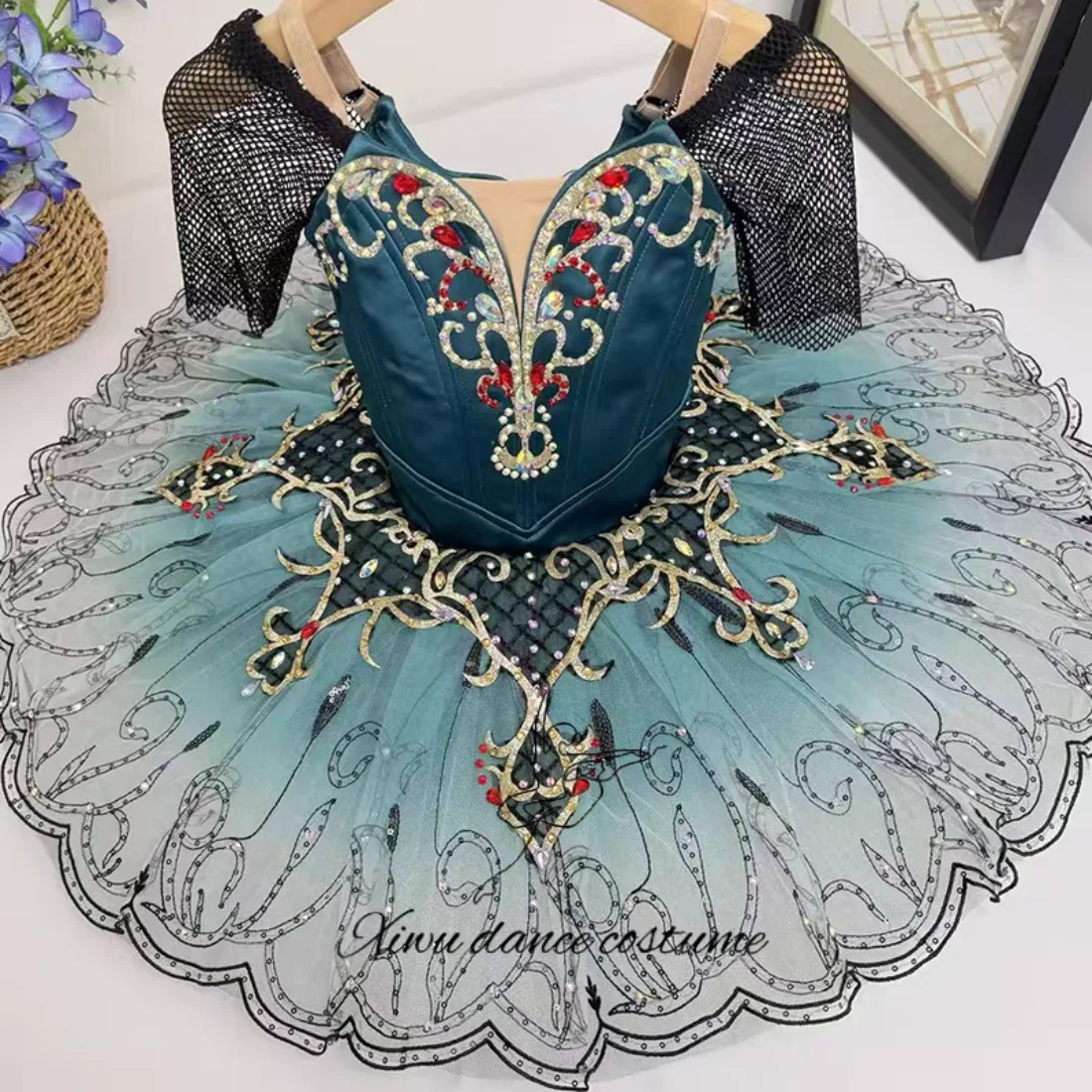 Adult Ballet Performance Costume Dark Emerald Green Bodysuit Gradient Blue Tutu Skirt