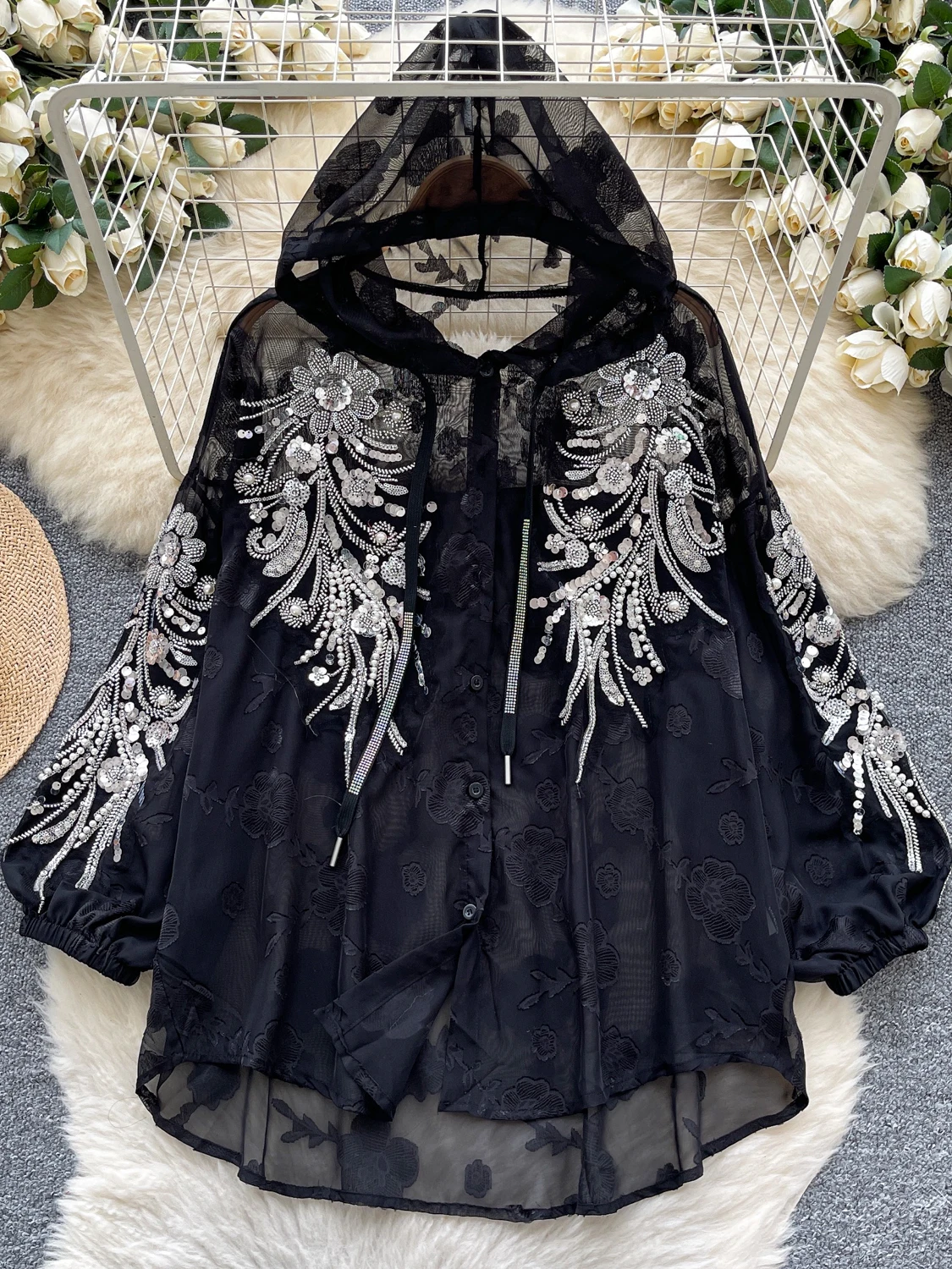 

Fashion Women Summer Button Up Shirt Long Sleeve Sun Protection Top Beaded Lace Hooded Coat