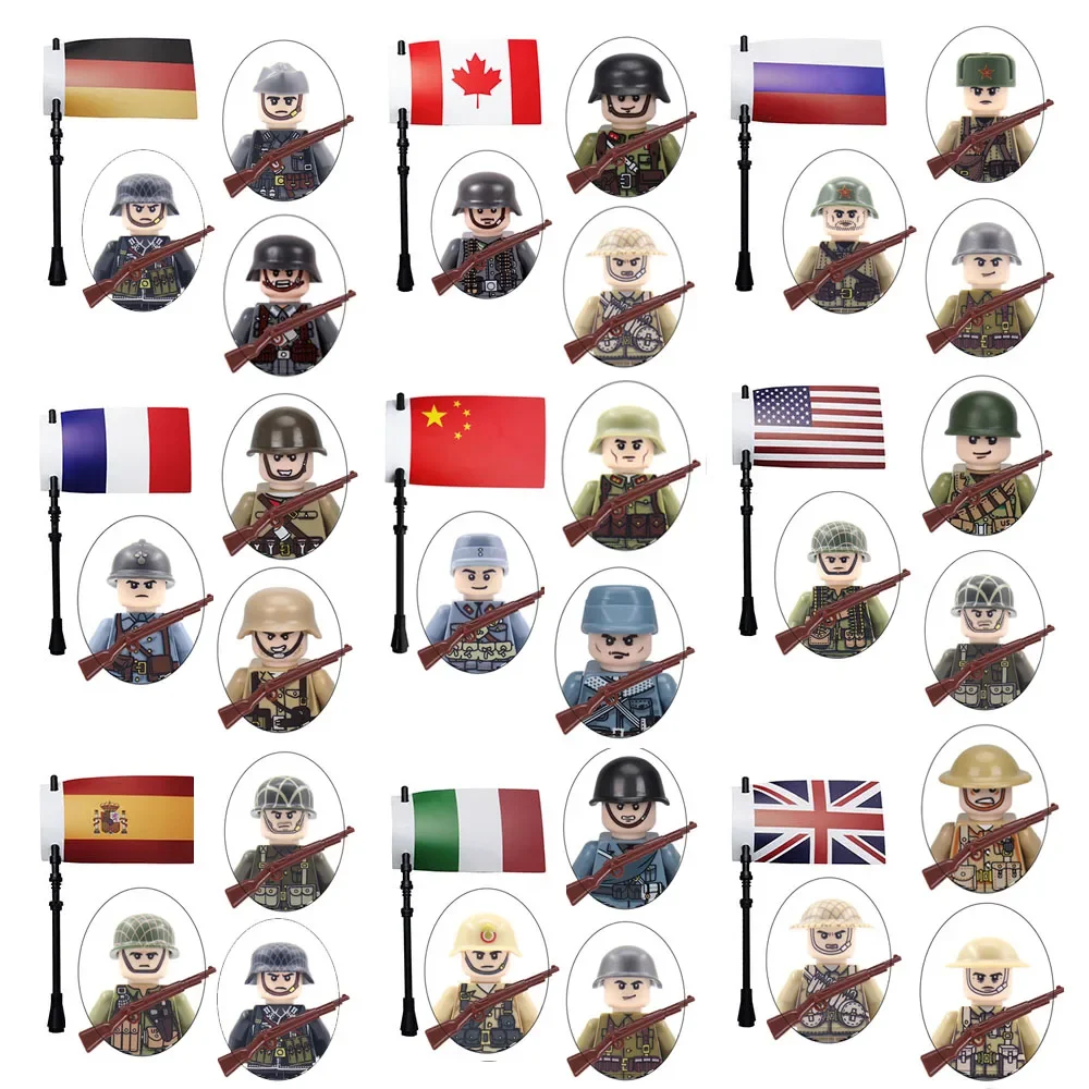 WW2 Military Soldier Array with Flag Germany Soviet US UK France Japan Canada Italy China Building Blocks Figure Bricks Kids Toy