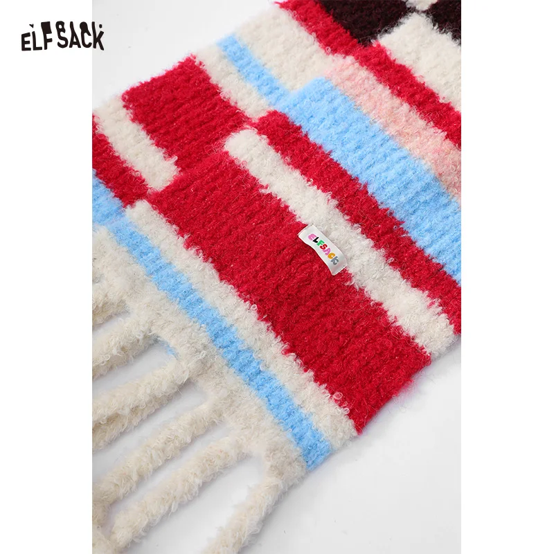 

ELFSACK 2025 Winter New Arrivals Cute Casual Preppy Sweet Stripe Plush Scarf For Women
