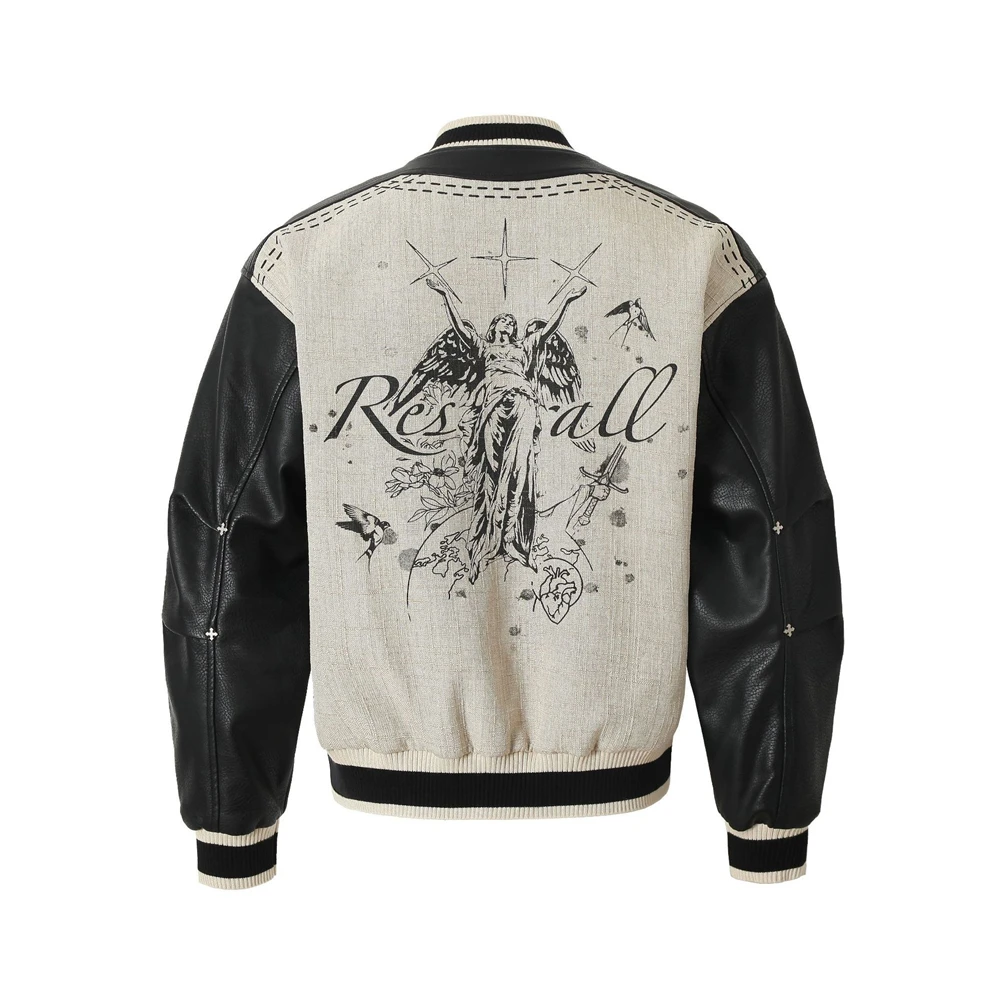 Vintage PU Leather Patchwork Jacket Men's High Street Varsity Jackets Hip Hop Streetwear Trendy Urban Baseball Jackets for Male