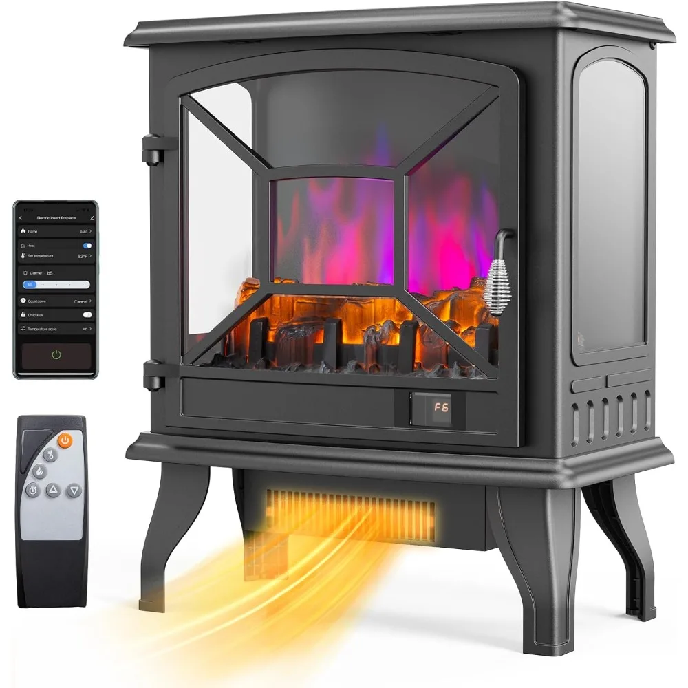 موقد كهربائي، سخان قائم بذاته 23 بوصة ارتفاع مع تأثير لهب واقعي، تطبيق وجهاز تحكم عن بعد، مؤقت، درجة حرارة قابلة للتعديل