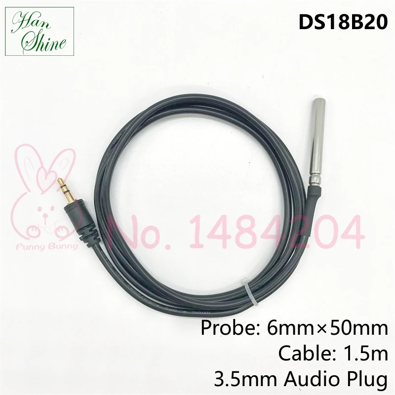 DS18B20 Digital Temperature Sensor 6mm×50mm Probe 3.5mm Audio Plug Programmable Waterproof Ds 18b20 1.5m PVC Black Cable