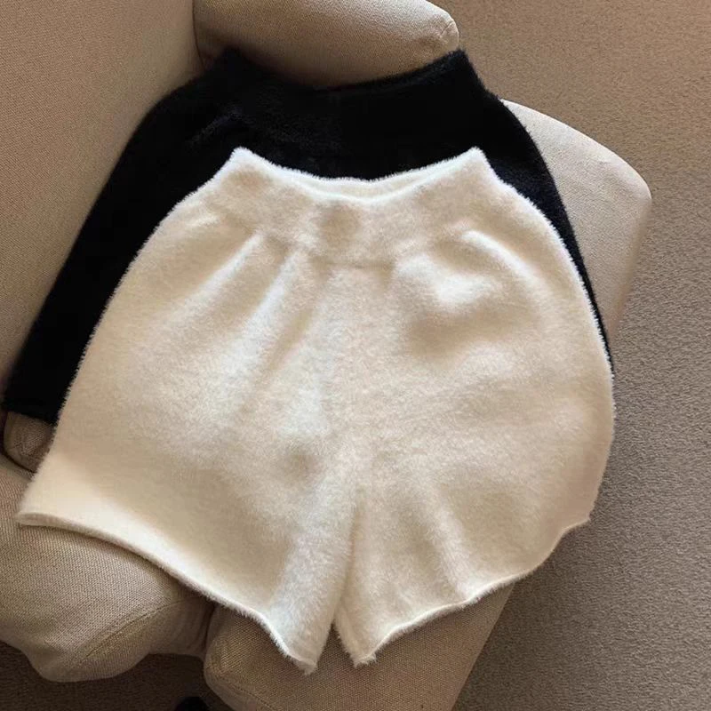 Celana Pendek Rajut Wanita Model A-Line Pinggang Tinggi Kaki Lebar Bahan Imitasi Bulu Mink untuk Musim Gugur dan Musim Dingin