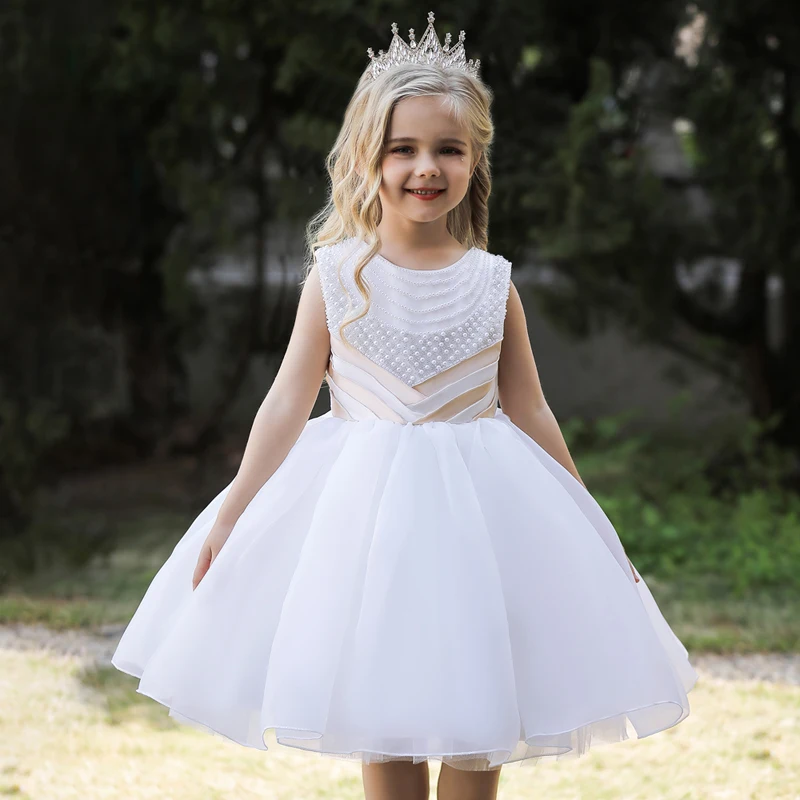 Kids Party White Bridesmaid Dress Fo Girl Children Costume Organza Princess Dresses Vestido Girls Clothes Wedding Beads Gown