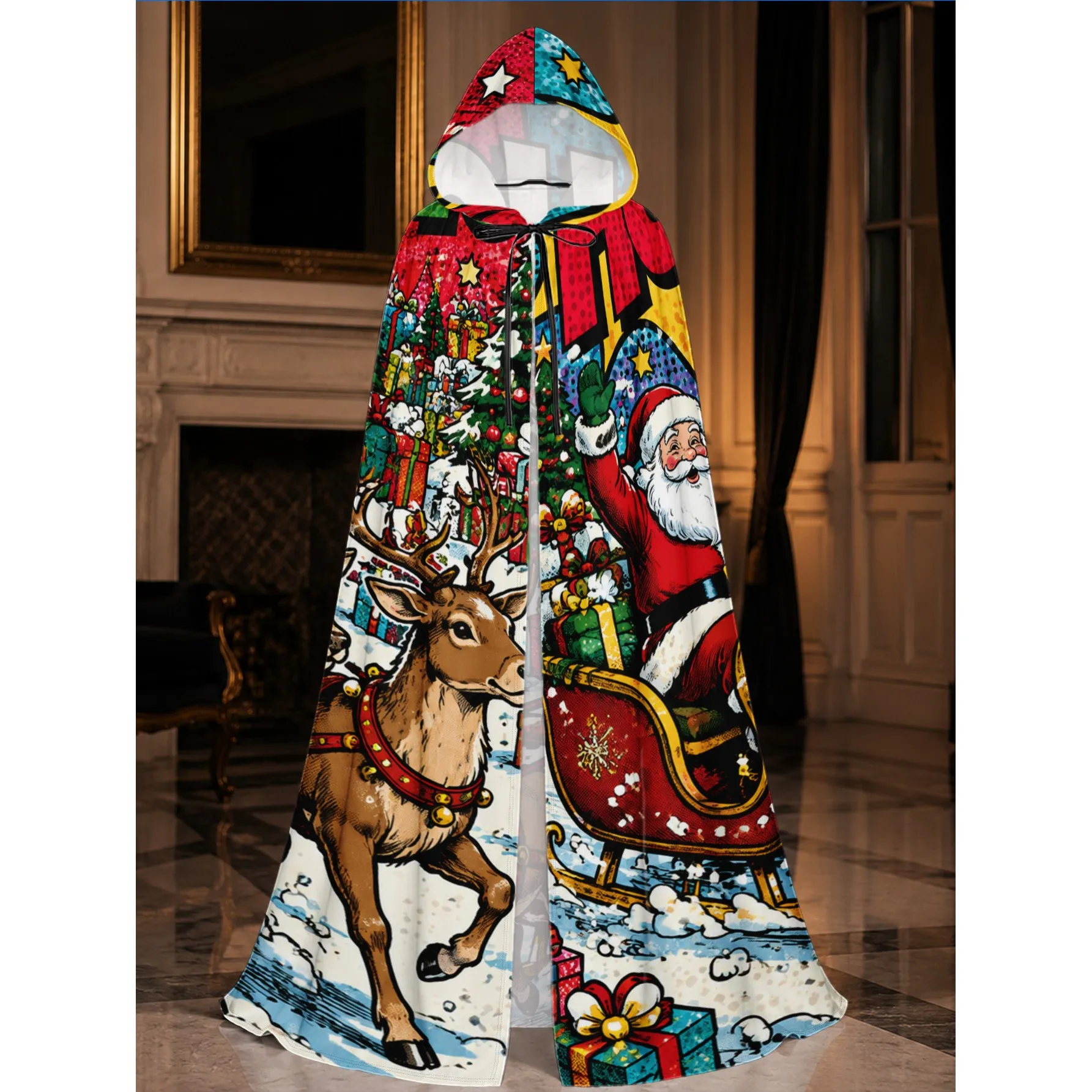 Christmas Santa Sleigh Adventure Print Hooded Cloak for Cosplay LARP Party