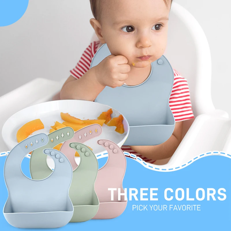 

Silicone Baby Bib: Adjustable, waterproof, BPA-free, soft, and durable, featuring a large, leak-proof pocket for easy mealtime u