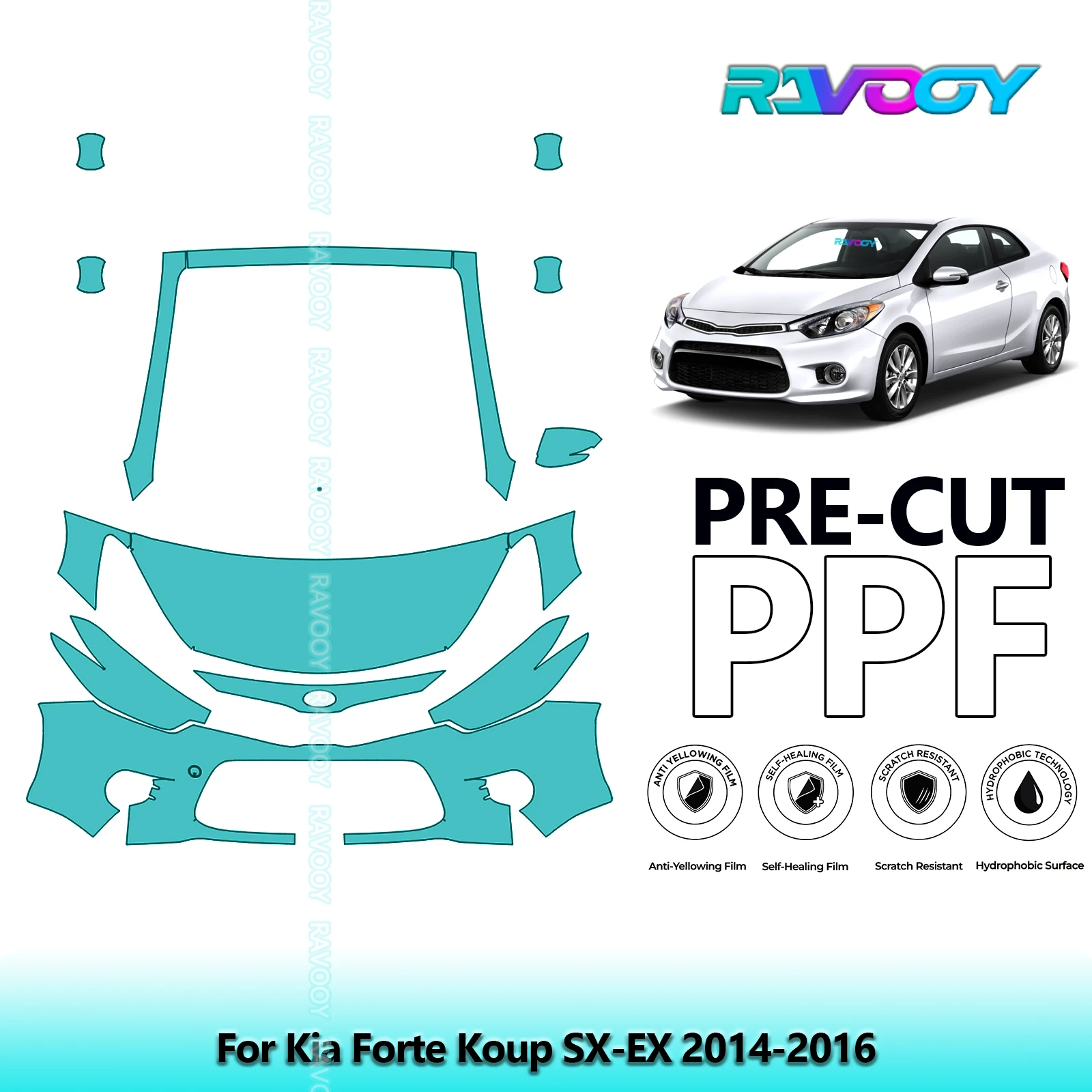 For Kia Forte Koup SX-EX 2014-2016 Partial Front 8.5Mil Pre-Cut Paint Protection Film PPF Stone Chip Kit | Clear/Matte/Black
