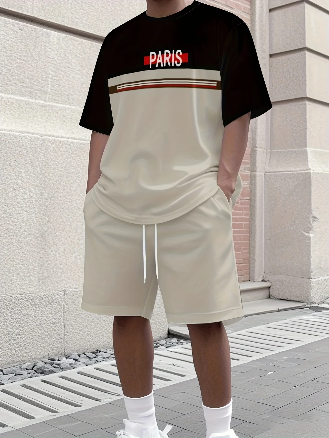 

Summer Oversized T-Shirt and Shorts Set Letter Patchwork Color Print Casual Beachwear Mens Streetwear Sports Style Two-Piece Set