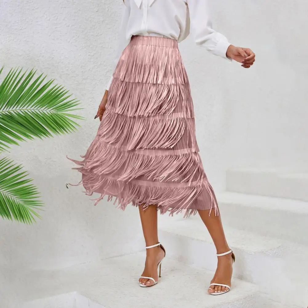 

Mid-length Women Skirt Elegant Women's Fringed Midi Skirt with Elastic Waist for Leisure Travel Soft Polyester A-line for Daily