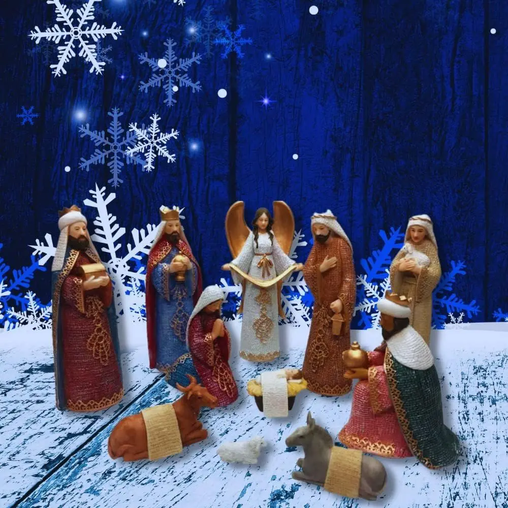 مجموعة ميلاد عيد الميلاد للأطفال يسوع والعائلة المقدسة، تماثيل بوليريسين مكونة من 11 قطعة مع ملاك