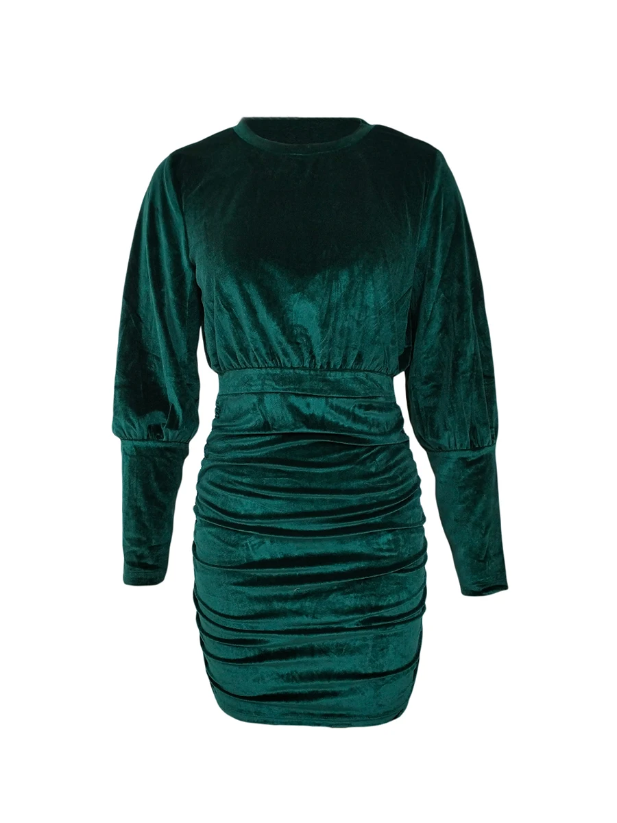 Women s Fall Velvet Bodycon Dress Solid Color Round Neck Lantern Long Sleeve Ruched Mini Dress