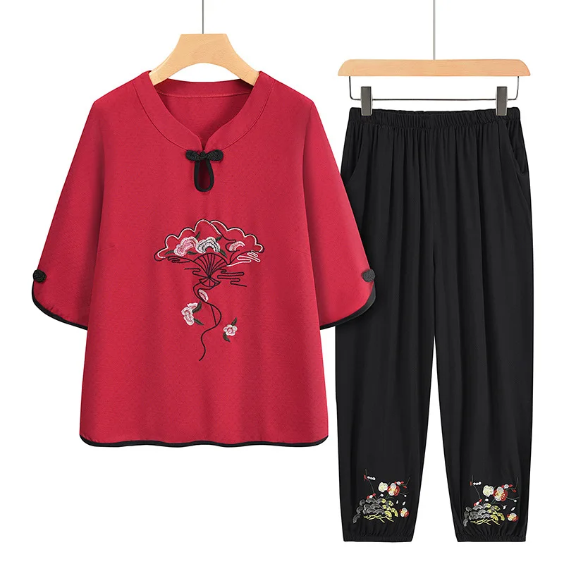 Conjunto de pijama de duas peças para mulheres, pijama com manga curta e calças bordadas, roupa de pijama chinesa, vovó, tamanho grande, verão