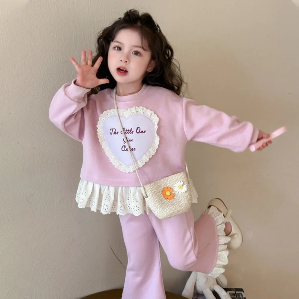 

Autumn New Sweet and Cute Long Sleeved Lace Heart Printed Pullover and Flared Pants Two-piece Fashionable Girl Clothes