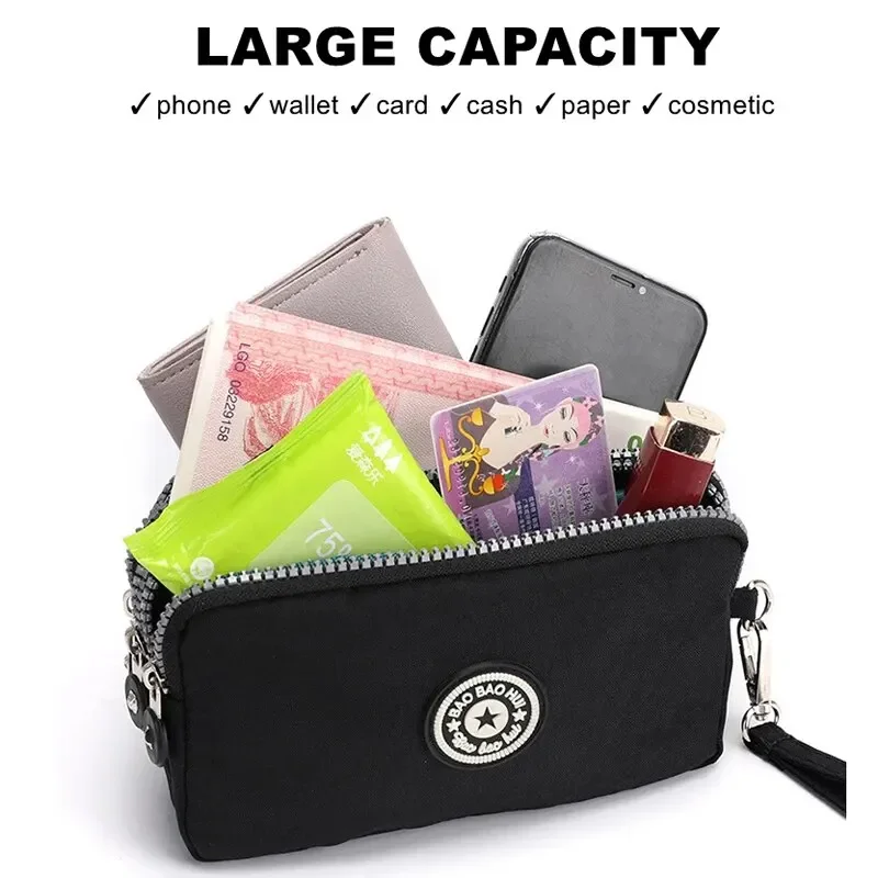 Solid Color Coin Purse Women Handbag Small Wallet Wrinkle Fabric Phone Purse Three Zippers Portable Make Up Bag